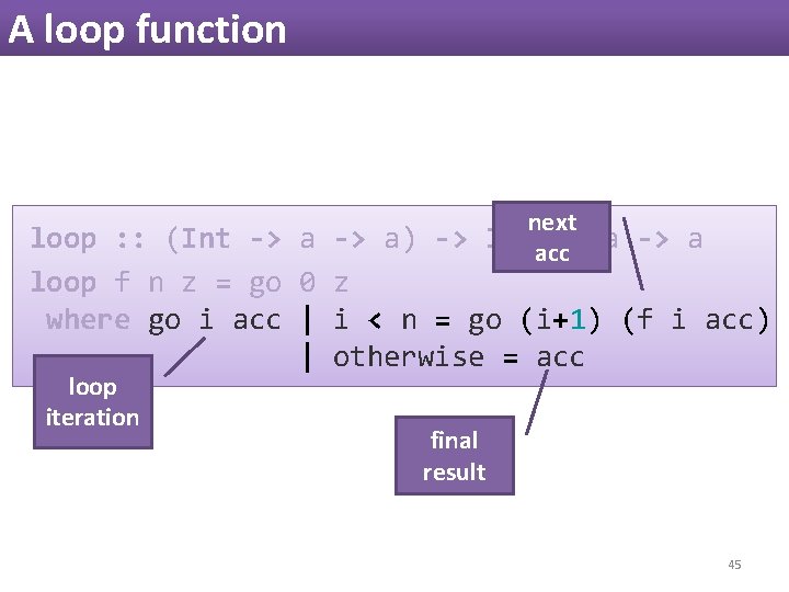 A loop function next loop : : (Int -> a) -> Intacc -> a A loop function next loop : : (Int -> a) -> Intacc -> a
