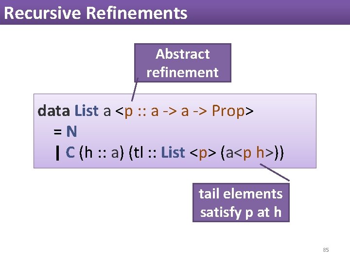 Recursive Refinements Abstract refinement data List a <p : : a -> Prop> =N Recursive Refinements Abstract refinement data List a <p : : a -> Prop> =N