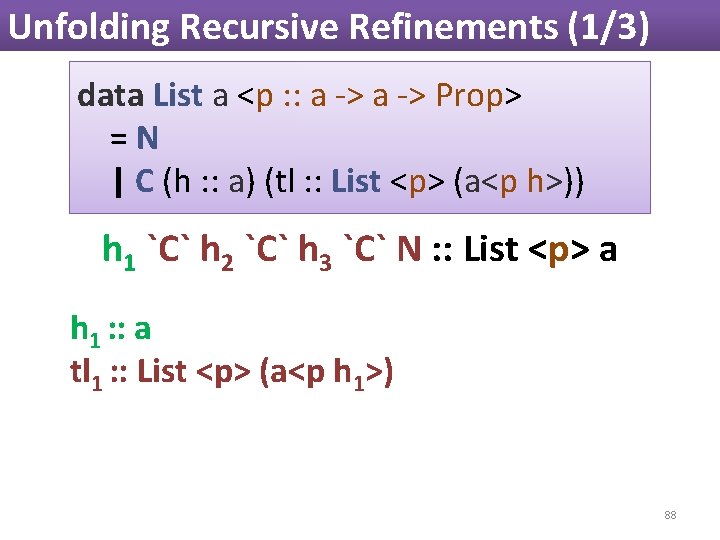 Unfolding Recursive Refinements (1/3) data List a <p : : a -> Prop> =N Unfolding Recursive Refinements (1/3) data List a <p : : a -> Prop> =N