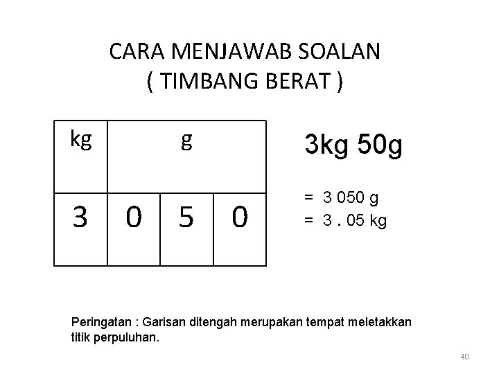 CARA MENJAWAB SOALAN ( TIMBANG BERAT ) kg 3 0 g 3 kg 50