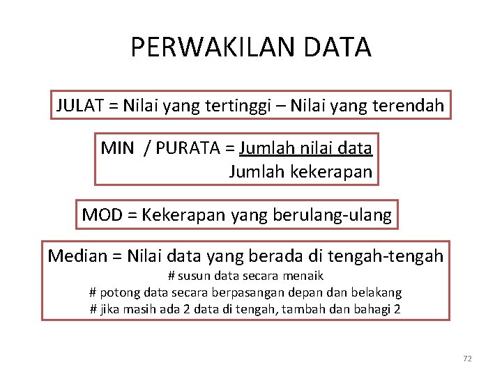 PERWAKILAN DATA JULAT = Nilai yang tertinggi – Nilai yang terendah MIN / PURATA