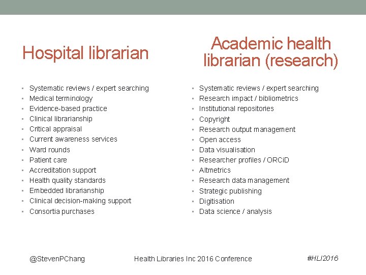 Hospital librarian Academic health librarian (research) • Systematic reviews / expert searching • Medical