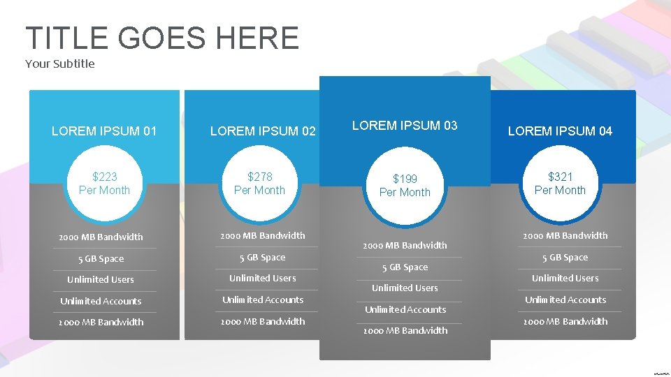TITLE GOES HERE Your Subtitle LOREM IPSUM 01 LOREM IPSUM 02 $223 Per Month TITLE GOES HERE Your Subtitle LOREM IPSUM 01 LOREM IPSUM 02 $223 Per Month