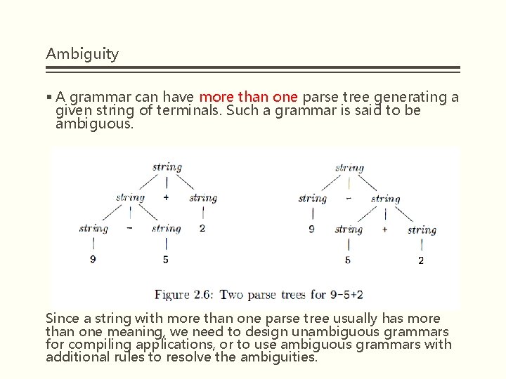 Ambiguity § A grammar can have more than one parse tree generating a given