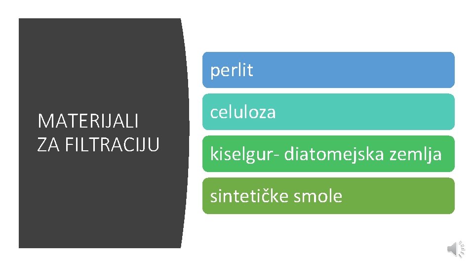 perlit MATERIJALI ZA FILTRACIJU celuloza kiselgur- diatomejska zemlja sintetičke smole 