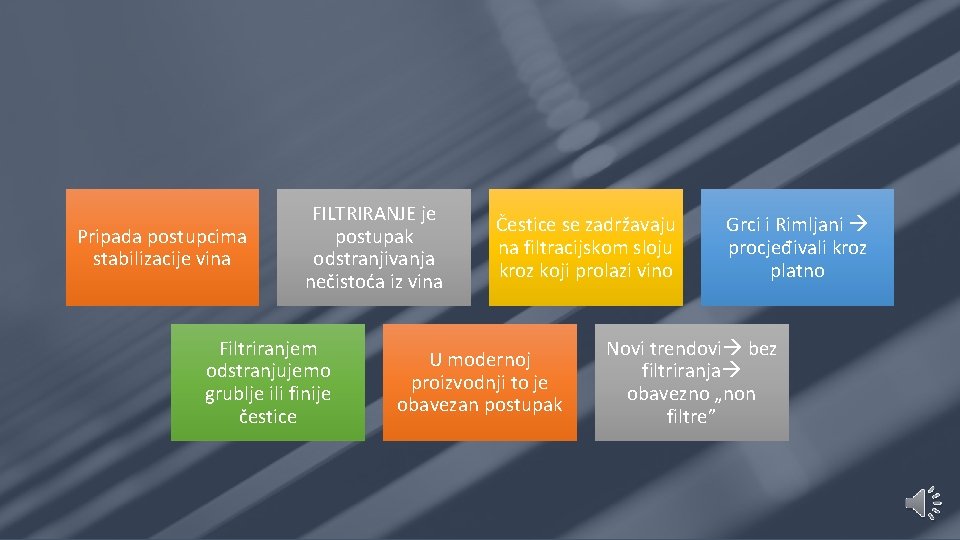 Pripada postupcima stabilizacije vina FILTRIRANJE je postupak odstranjivanja nečistoća iz vina Filtriranjem odstranjujemo grublje