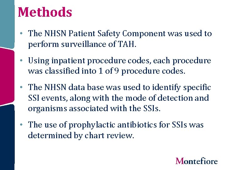 Methods • The NHSN Patient Safety Component was used to perform surveillance of TAH.