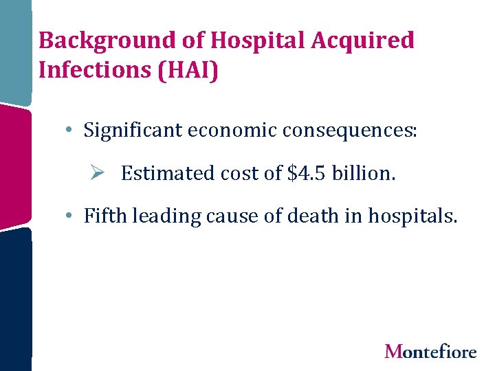 Background of Hospital Acquired Infections (HAI) • Significant economic consequences: Ø Estimated cost of