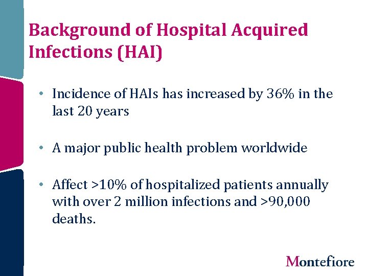 Background of Hospital Acquired Infections (HAI) • Incidence of HAIs has increased by 36%