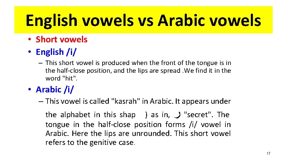 English vowels vs Arabic vowels • Short vowels • English /i/ – This short