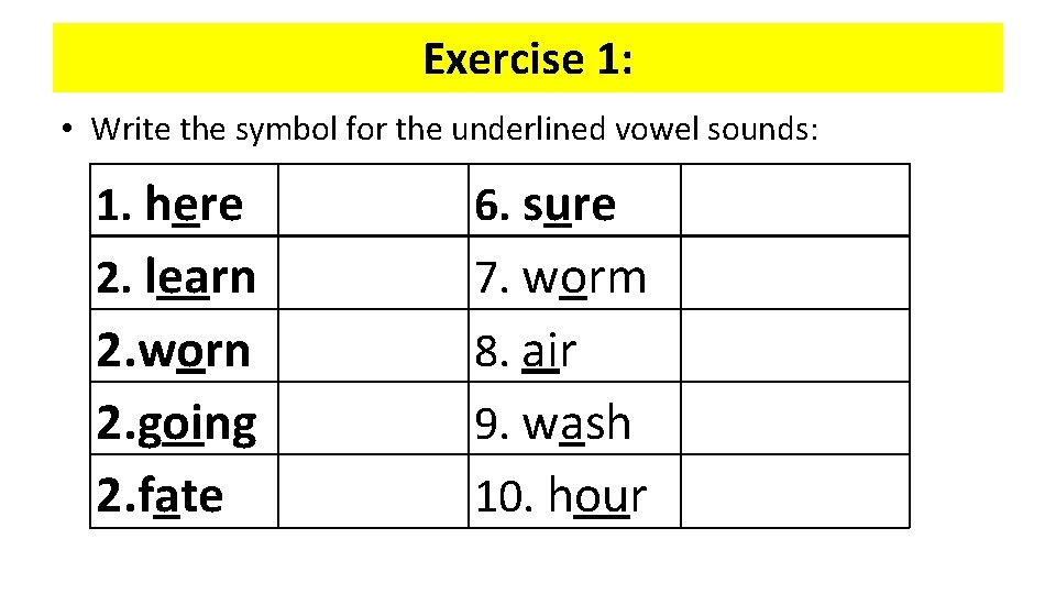 Exercise 1: • Write the symbol for the underlined vowel sounds: 1. here 6.