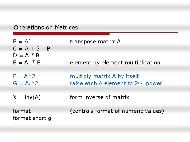 Operations on Matrices B = A’ C=A+3*B D=A*B E = A. * B transpose Operations on Matrices B = A’ C=A+3*B D=A*B E = A. * B transpose