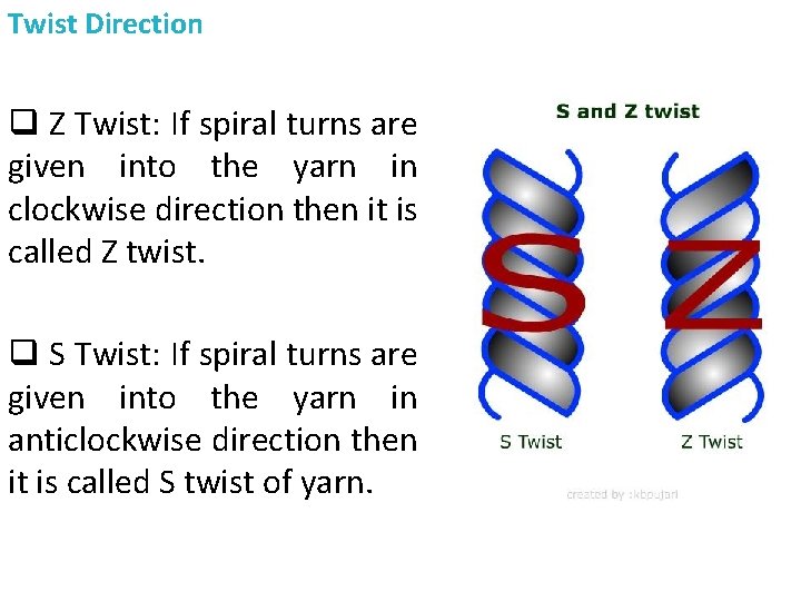 Twist Direction q Z Twist: If spiral turns are given into the yarn in