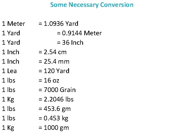 Some Necessary Conversion 1 Meter 1 Yard 1 Inch 1 Lea 1 lbs 1