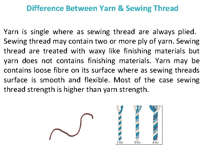 Difference Between Yarn & Sewing Thread Yarn is single where as sewing thread are