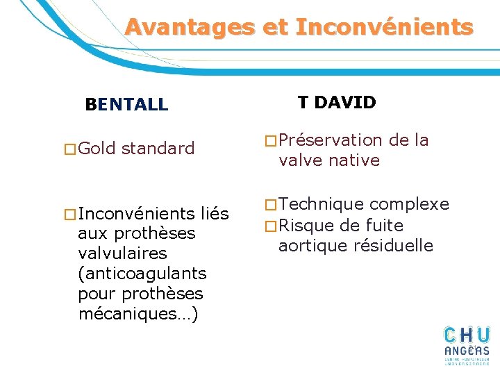 Avantages et Inconvénients T DAVID BENTALL � Gold � Préservation standard � Inconvénients valve