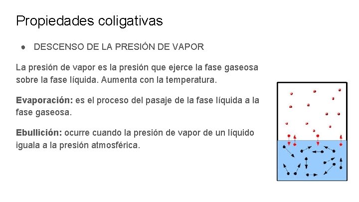 Propiedades coligativas ● DESCENSO DE LA PRESIÓN DE VAPOR La presión de vapor es