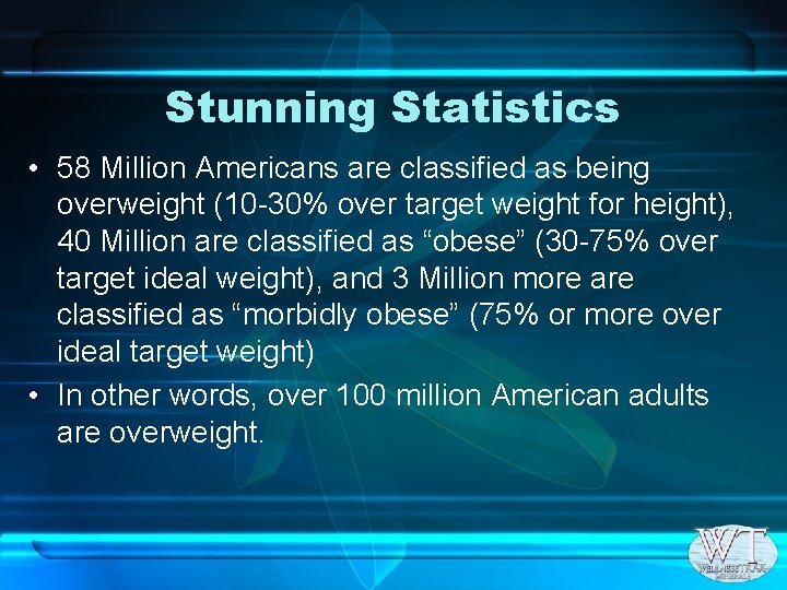 Stunning Statistics • 58 Million Americans are classified as being overweight (10 -30% over