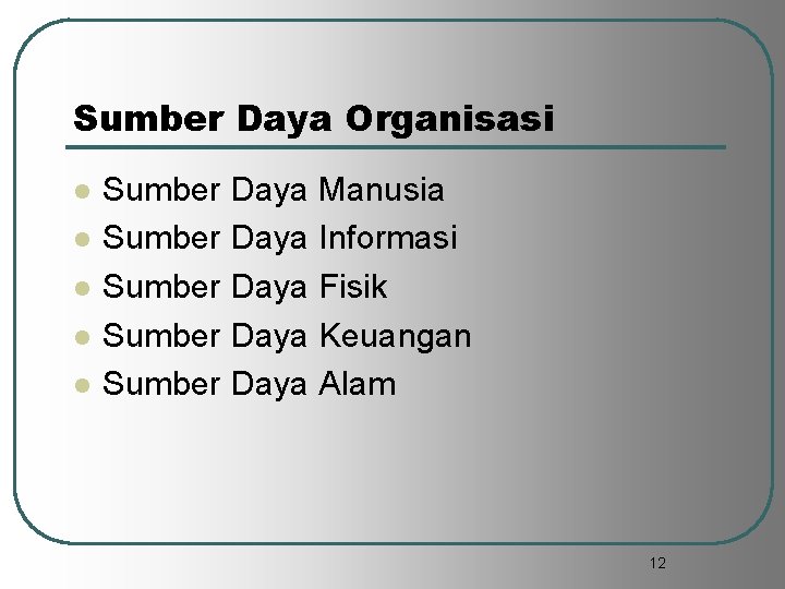 Sumber Daya Organisasi l l l Sumber Daya Manusia Sumber Daya Informasi Sumber Daya