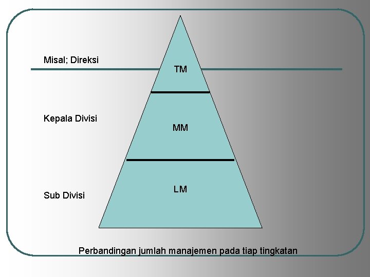 Misal; Direksi Kepala Divisi Sub Divisi TM MM LM Perbandingan jumlah manajemen pada tiap