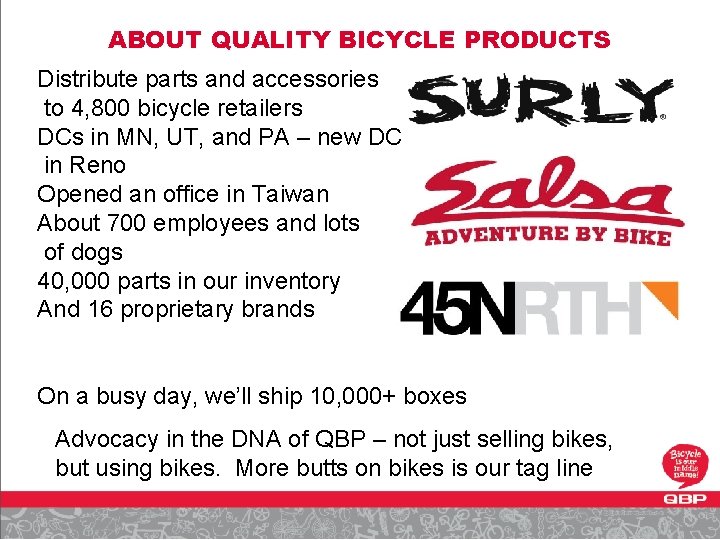 ABOUT QUALITY BICYCLE PRODUCTS Distribute parts and accessories to 4, 800 bicycle retailers DCs