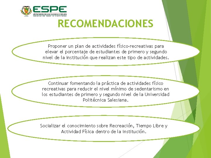 RECOMENDACIONES Proponer un plan de actividades físico-recreativas para elevar el porcentaje de estudiantes de