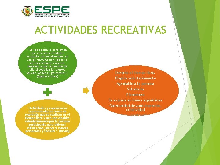 ACTIVIDADES RECREATIVAS “La recreación la conforman una serie de actividades escogidas voluntariamente, ya sea