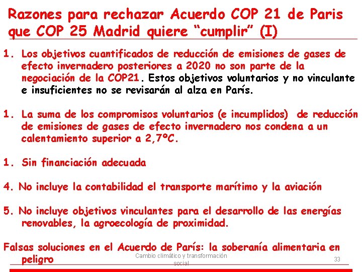 Razones para rechazar Acuerdo COP 21 de Paris que COP 25 Madrid quiere “cumplir”