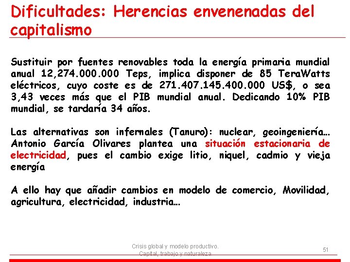 Dificultades: Herencias envenenadas del capitalismo Sustituir por fuentes renovables toda la energía primaria mundial