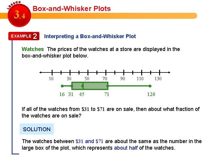 3. 4 EXAMPLE Box-and-Whisker Plots 2 Interpreting a Box-and-Whisker Plot Watches The prices of