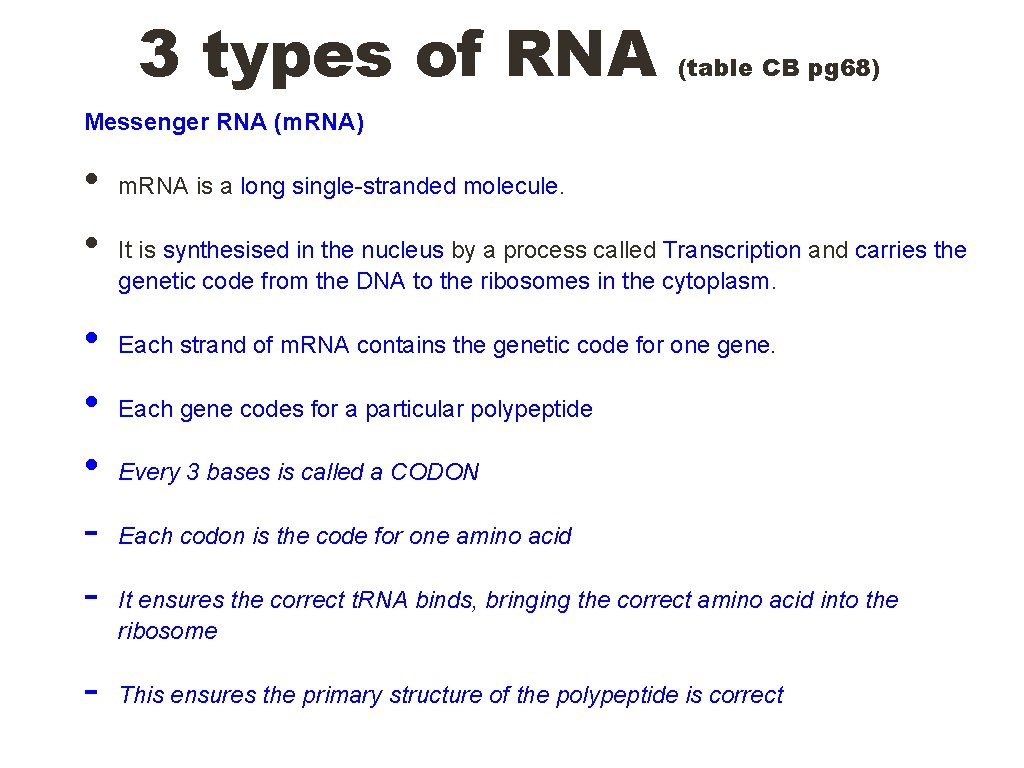 3 types of RNA (table CB pg 68) Messenger RNA (m. RNA) • • 3 types of RNA (table CB pg 68) Messenger RNA (m. RNA) • •