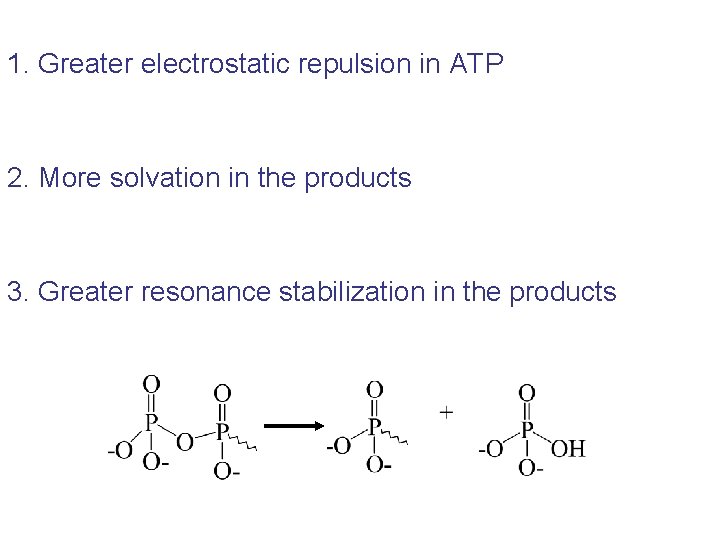 1. Greater electrostatic repulsion in ATP 2. More solvation in the products 3. Greater