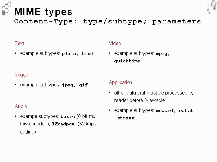 MIME types Content-Type: type/subtype; parameters Text Video • example subtypes: plain, html • example