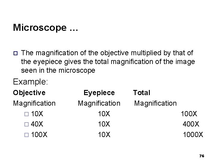 Microscope … ¨ The magnification of the objective multiplied by that of the eyepiece