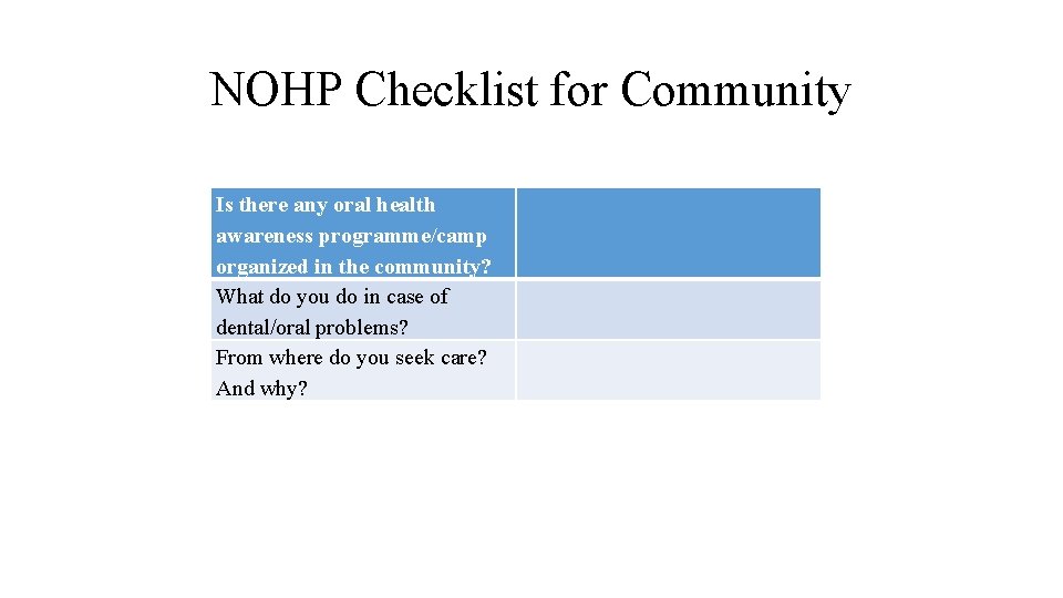 NOHP Checklist for Community Is there any oral health awareness programme/camp organized in the