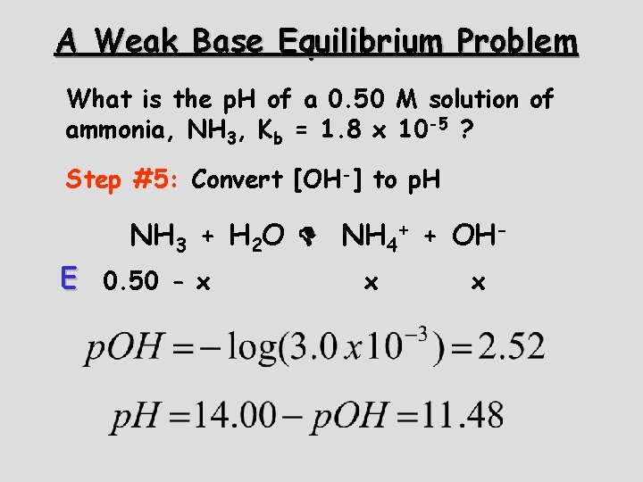 A Weak Base Equilibrium Problem What is the p. H of a 0. 50