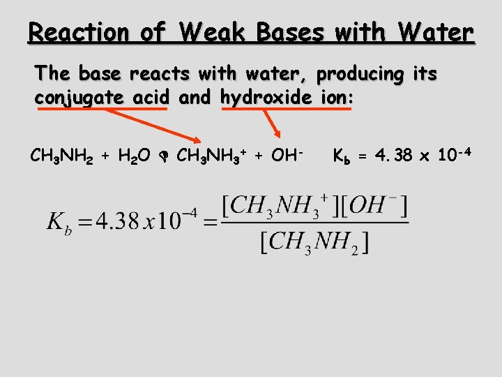 Reaction of Weak Bases with Water The base reacts with water, producing its conjugate