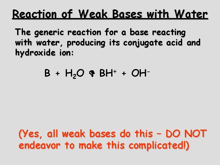 Reaction of Weak Bases with Water The generic reaction for a base reacting with