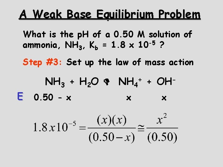 A Weak Base Equilibrium Problem What is the p. H of a 0. 50