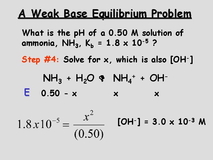 A Weak Base Equilibrium Problem What is the p. H of a 0. 50