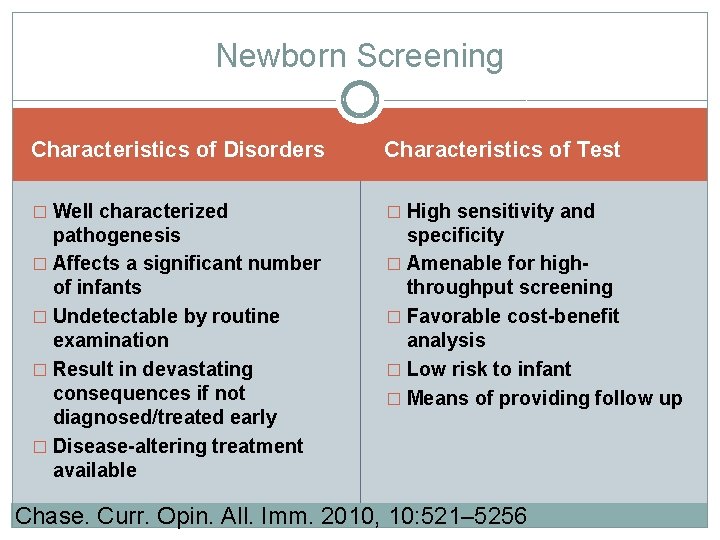 Newborn Screening Characteristics of Disorders Characteristics of Test � Well characterized � High sensitivity