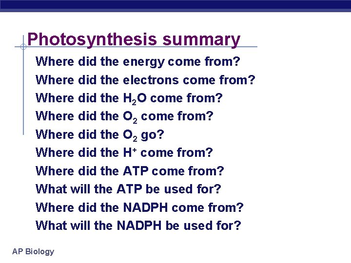 Photosynthesis summary Where did the energy come from? Where did the electrons come from?