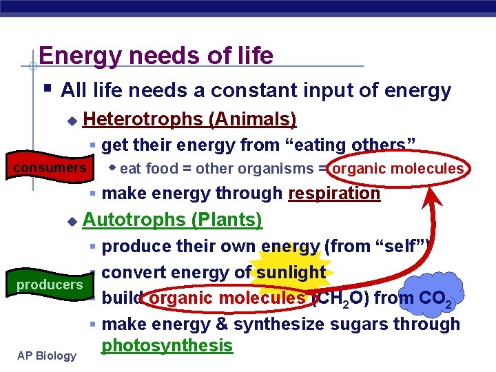Energy needs of life § All life needs a constant input of energy u