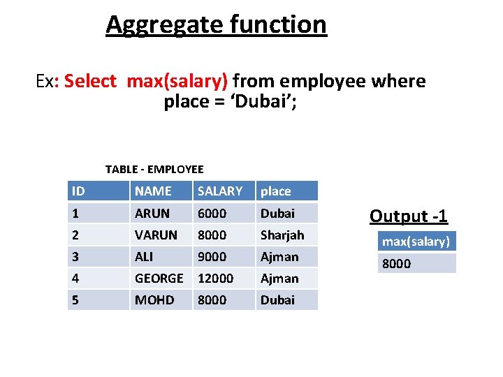 Aggregate function Ex: Select max(salary) from employee where place = ‘Dubai’; TABLE - EMPLOYEE