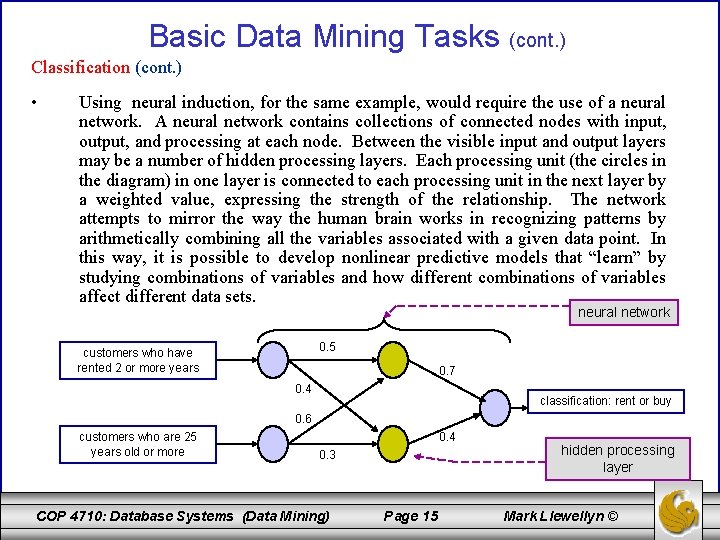 Basic Data Mining Tasks (cont. ) Classification (cont. ) • Using neural induction, for
