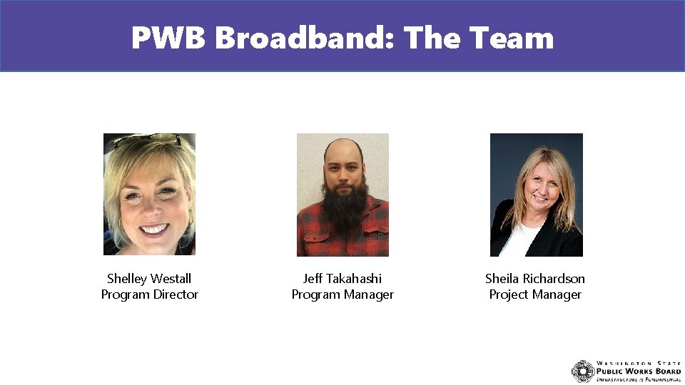 PWB Broadband: The Team Shelley Westall Program Director Jeff Takahashi Program Manager Sheila Richardson
