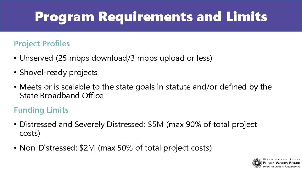 Program Requirements and Limits Project Profiles • Unserved (25 mbps download/3 mbps upload or