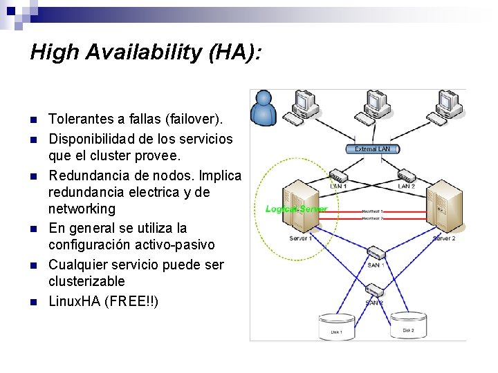 High Availability (HA): n n n Tolerantes a fallas (failover). Disponibilidad de los servicios