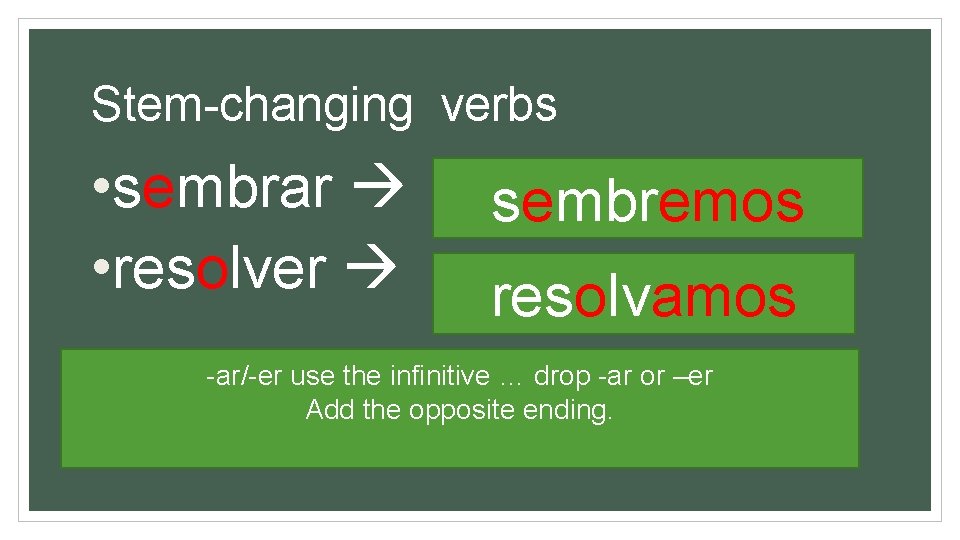 Stem-changing verbs • sembrar • resolver sembremos resolvamos -ar/-er use the infinitive … drop