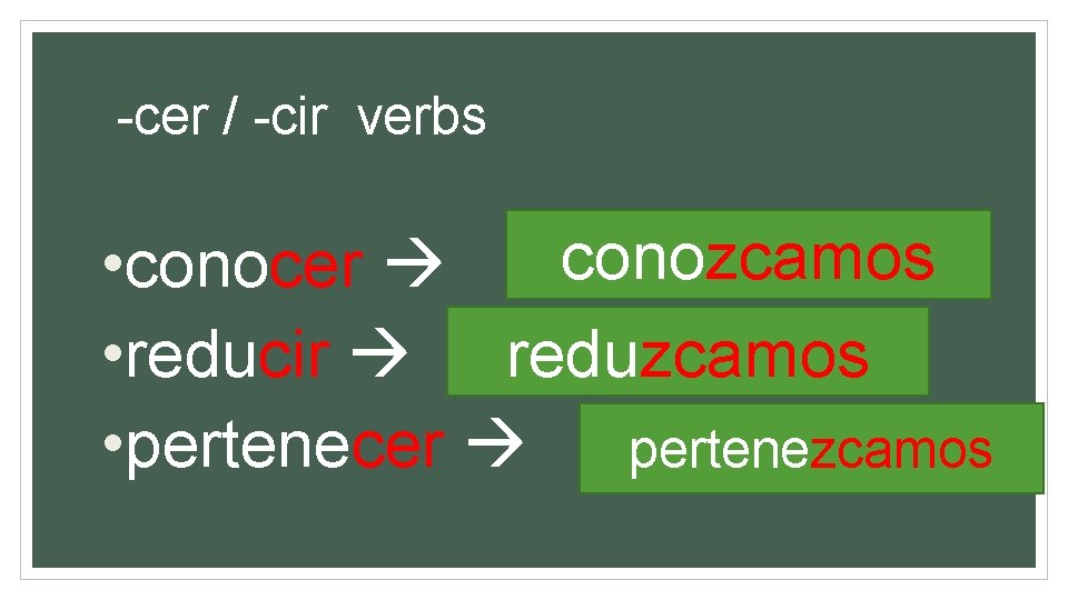 -cer / -cir verbs conozcamos • conocer • reducir reduzcamos • pertenecer pertenezcamos 